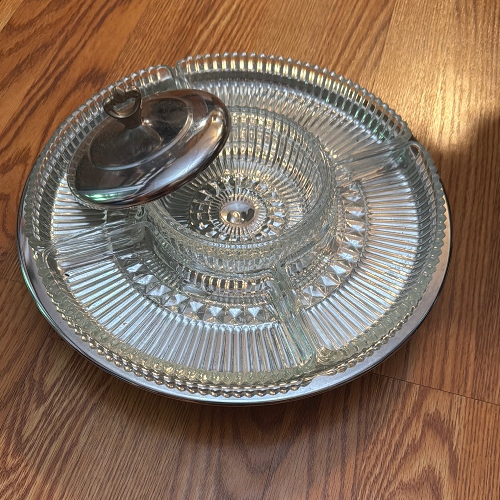 Vtg 1950’s Kromex 7 Piece Chrome Pressed Glass Lazy Susan Relish Tray w/Box
